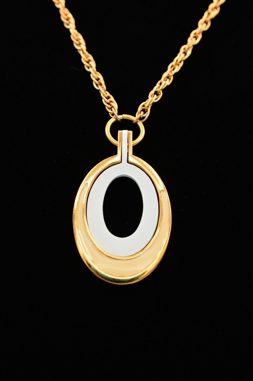 Vintage Chunky Pendant Necklace White Enamel Gold Chain Oval NOS 1980s BinA2